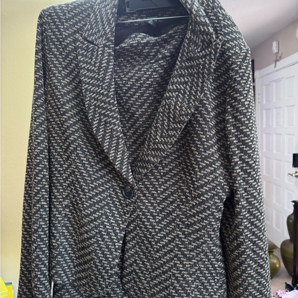 New York & Company Black and White Blazer and skirt set with Herringbone Pattern
